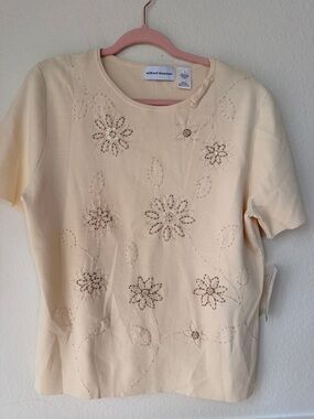 Alfred Dunner Beaded Floral Knit Top Ivory NWT Size L Embellished Short Sleeve